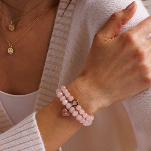 Gold & Diamond Carved Stone Heart on Rose Quartz