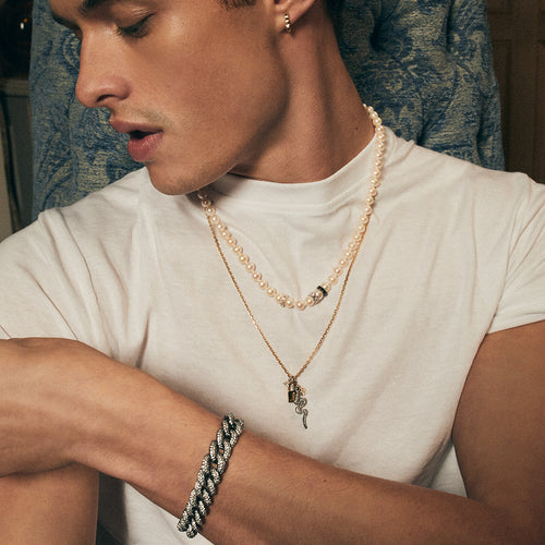 Men's Collection Gold & Diamond Rondelles Freshwater Pearl Necklace