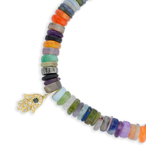 Men's Collection Gold & Diamond Hamsa on Rainbow Heishi