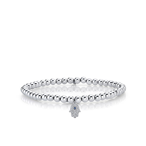 White Gold & Diamond Hamsa on White Gold Beads