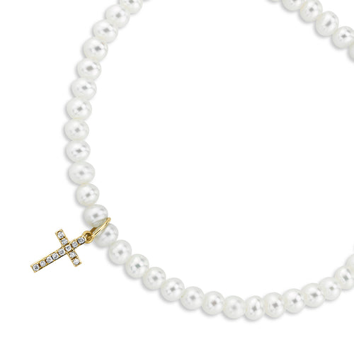 Gold & Diamond Cross on Pearls
