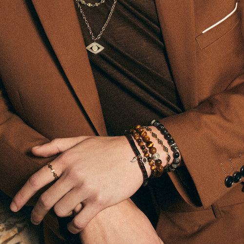 Men's Collection Gold & Diamond Horn on Dark Brown Heishi