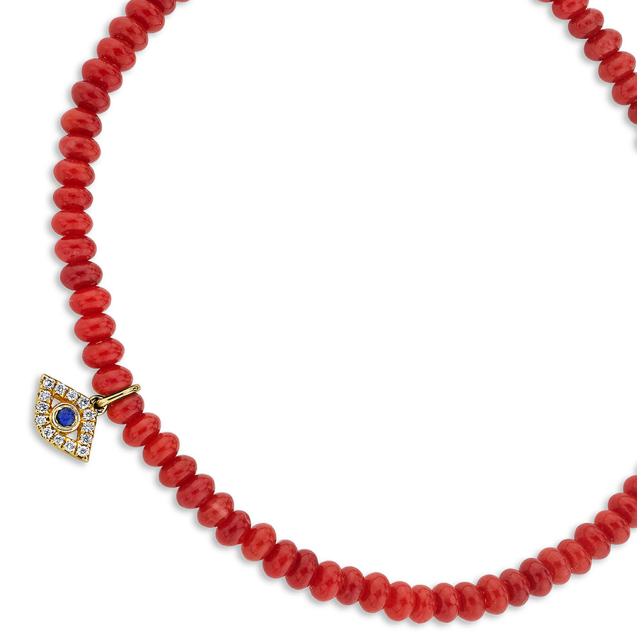 Gold Bezel Sapphire & Diamond Evil Eye on Red Bamboo Coral - Sydney Evan Fine Jewelry