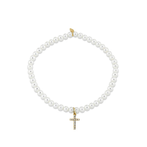 Gold & Diamond Cross on Pearls