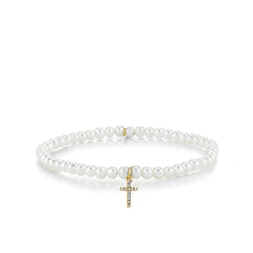 Gold & Diamond Cross on Pearls