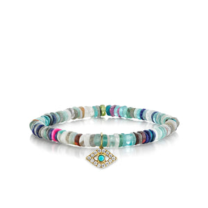 Gold & Diamond Medium Bezel Eye with Turquoise on Rainbow Heishi - Sydney Evan Fine Jewelry