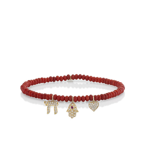 Gold & Diamond Love and Protection Multi-Charm on Red Bamboo