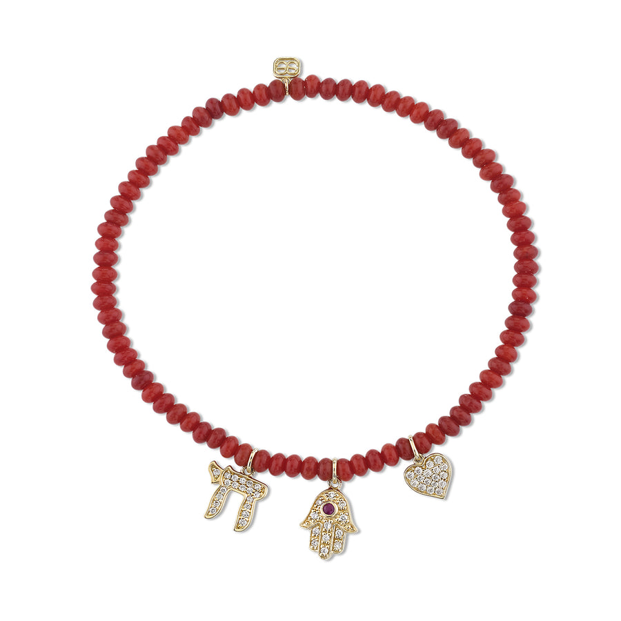 Gold & Diamond Love and Protection Multi-Charm on Red Bamboo - Sydney Evan Fine Jewelry
