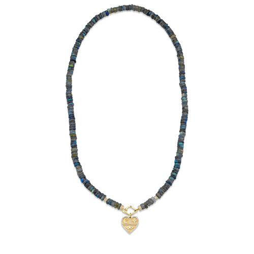Gold & Diamond Tricon Heart Labradorite Heishi Necklace