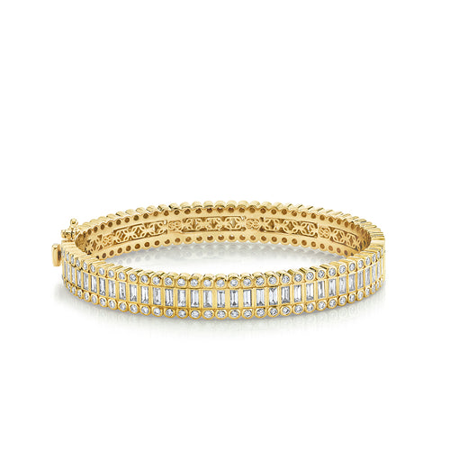 Gold & Diamond Baguette and Round Bezel Eternity Bangle