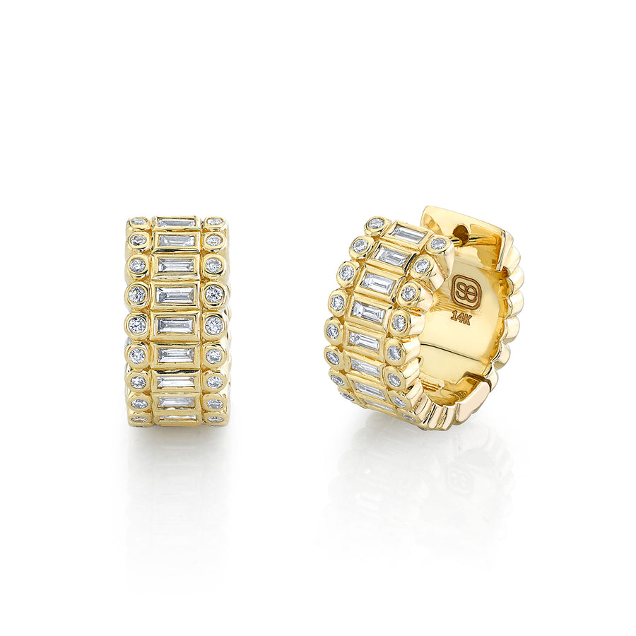 Gold & Diamond Stacked Baguette & Round Bezel Hoops - Sydney Evan Fine Jewelry