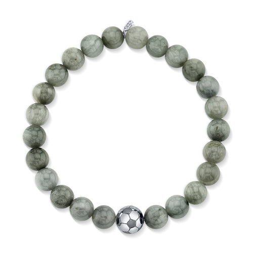 Men's Collection White Gold Soccer Ball Bead on Grey Cat's Eye