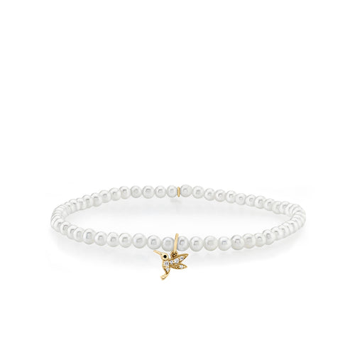 Gold & Diamond Tiny Hummingbird on Pearls