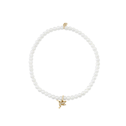 Gold & Diamond Tiny Hummingbird on Pearls