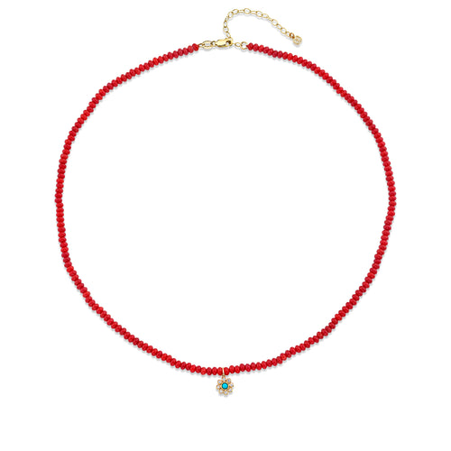Kids Collection Gold & Diamond Enamel Flower Red Sea Bamboo Necklace