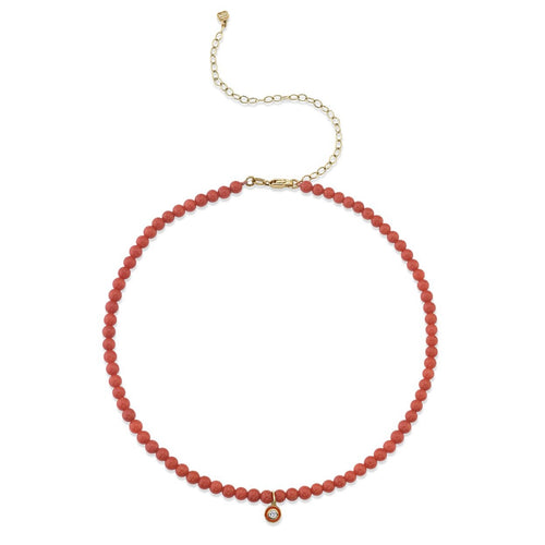 Gold & Diamond Small Enamel Red Bamboo Coral Necklace