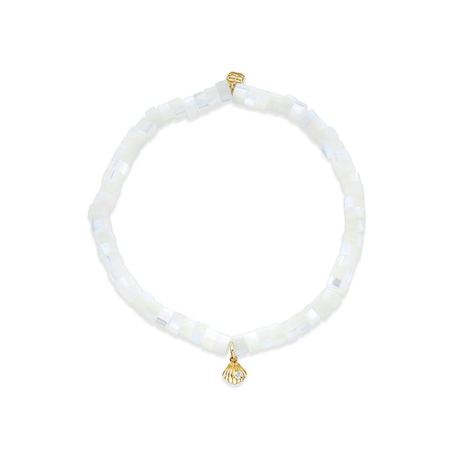 Kids Collection Gold & Diamond Tiny Clam Shell on Mother of Pearl Heishi