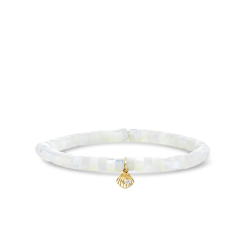 Kids Collection Gold & Diamond Tiny Clam Shell on Mother of Pearl Heishi