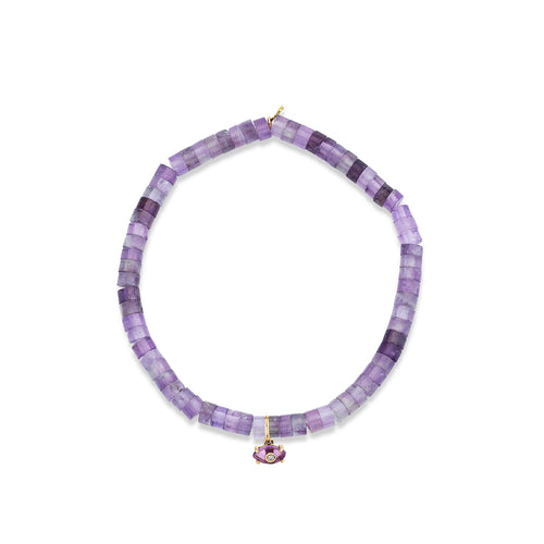 Gold & Diamond Tiny Carved Amethyst Eye on Amethyst Heishi