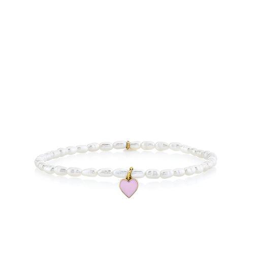 Kids Collection Gold & Enamel Heart on White Rice Pearl