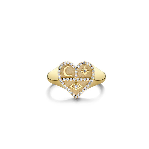 Gold & Diamond Small Heart Tricon Signet Ring