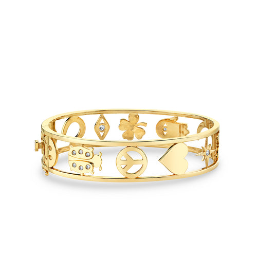Gold & Diamond Large Open Icon Hinge Bangle