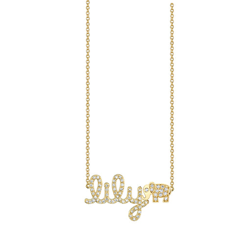 Gold & Diamond Small Custom Script Elephant Icon Necklace