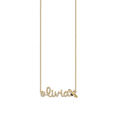 Gold & Diamond Small Custom Script Bee Icon Necklace