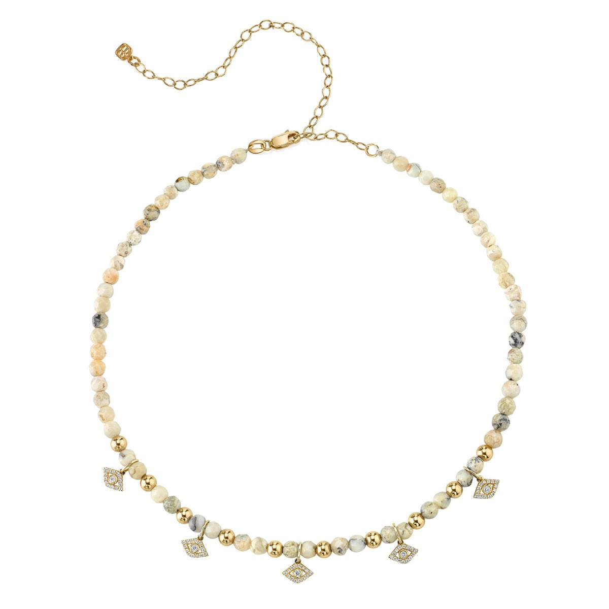 Gold & Diamond Multi Bezel Eye Charm Necklace on African Opal