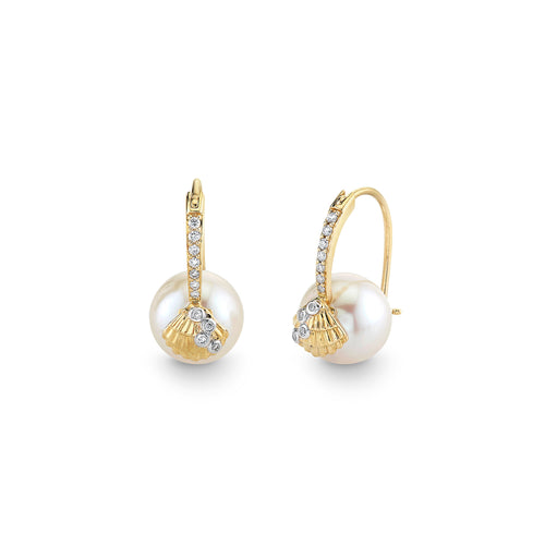 Gold & Diamond Clam Shell Pearl Earrings