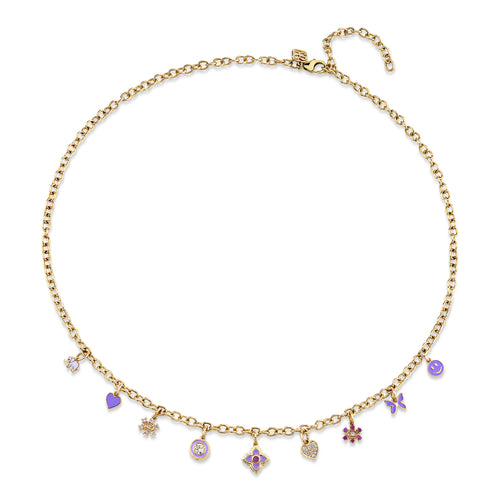 Gold & Amethyst Enamel Multi-Charm Necklace