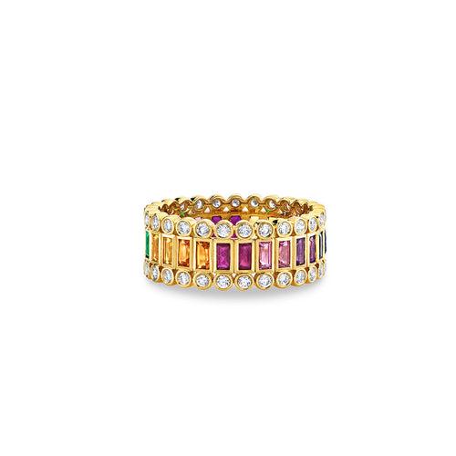Gold & Rainbow Baguette & Round Bezel Stacked Eternity Ring