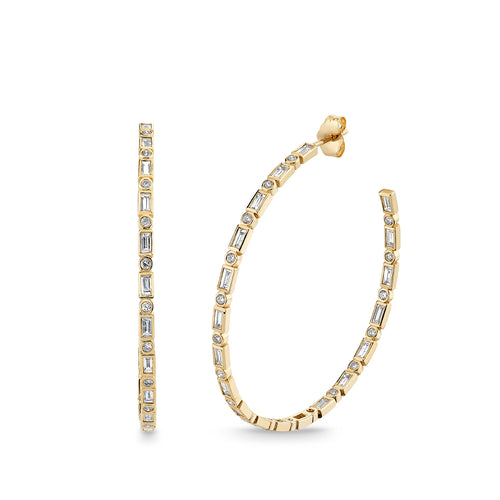 Gold & Diamond Bezel & Baguette Large Hoops