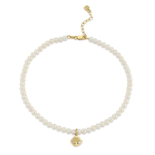 Gold & Diamond Clam Shell Anklet on Fresh Water Pearls