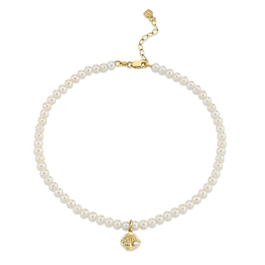 Gold & Diamond Clam Shell Anklet on Fresh Water Pearls - Sydney Evan Fine Jewelry