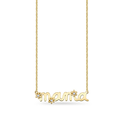 Gold & Diamond Small Mama Script Tiny Daisy Necklace