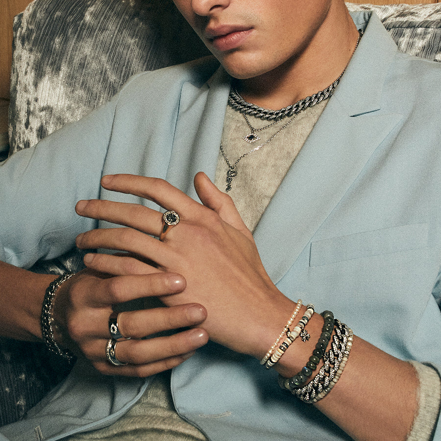 Men's Collection Black Rhodium & Diamond Clover on Australian Opal Heishi - Sydney Evan Fine Jewelry