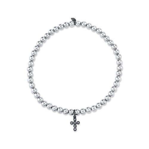 Men's Collection Black Rhodium & Diamond Tiny Cross on 14k White Gold Beads