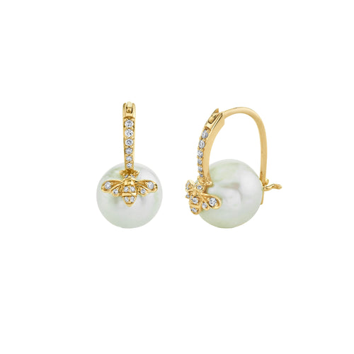 Gold & Diamond Bee Pearl Earrings