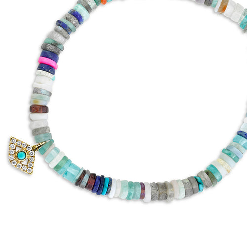 Gold & Diamond Medium Bezel Eye with Turquoise on Rainbow Heishi