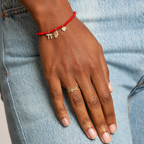 Gold & Diamond Love and Protection Multi-Charm on Red Bamboo