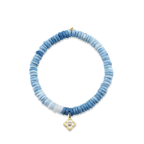 Gold & Pearl Moroccan Flower on Blue Opal Heishi