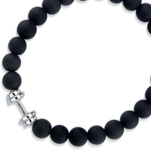 Men's Collection White Gold Dumbbell Bead on Black Matte Onyx