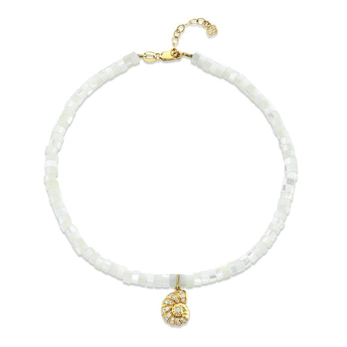 Gold & Diamond Small Nautilus Shell Anklet on Mother of Pearl Heishi
