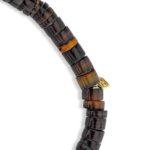 Men's Collection Gold & Enamel Tiny Mushroom on Dark Brown Heishi