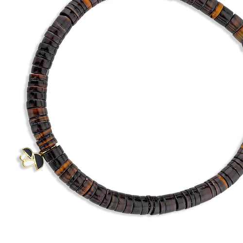 Men's Collection Gold & Enamel Tiny Mushroom on Dark Brown Heishi