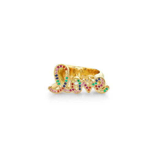 Gold & Rainbow Love Script Block Signet Ring