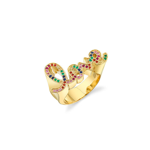 Gold & Rainbow Love Script Block Signet Ring