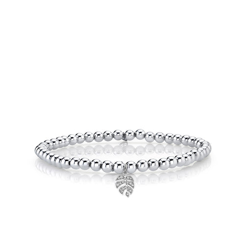 White Gold & Diamond Monstera Leaf on White Gold Beads