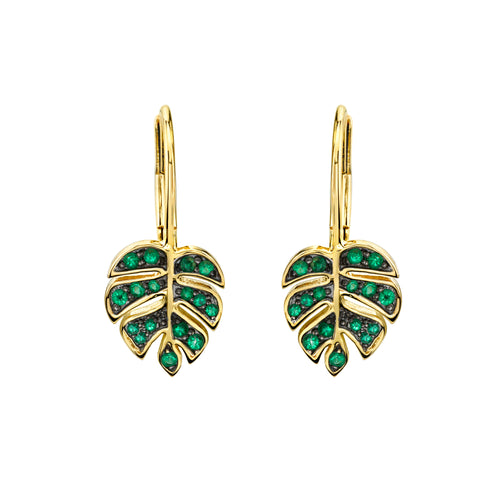Gold & Diamond Monstera Leaf French Wire Earrings
